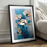 Moderan slika na platnu u zlatno-tirkiznih nijansama, elegantna atmosfera, priroda i luksuzan utisak | Poster za zid s EXTRA efektom - Teal Flowers – proizvod