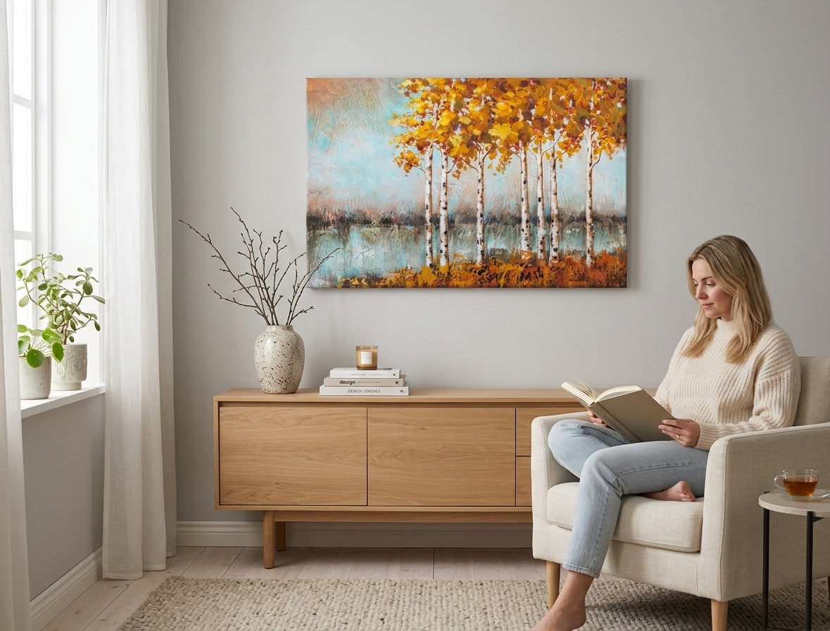 Ručno slikan slika na platnu u belo-smeđih nijansama okačena u enterijeru kuhinje, mirna atmosfera, priroda | Slikana slika za zid DRVEĆE – enterijer