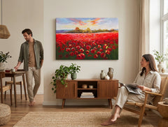 Ručno slikan slika na platnu s motivom LIVADA, makovi, drveće, nebo, pejzaž u višebojnih nijansama okačena u enterijeru kuhinje, prolećna atmosfera i priroda – enterijer