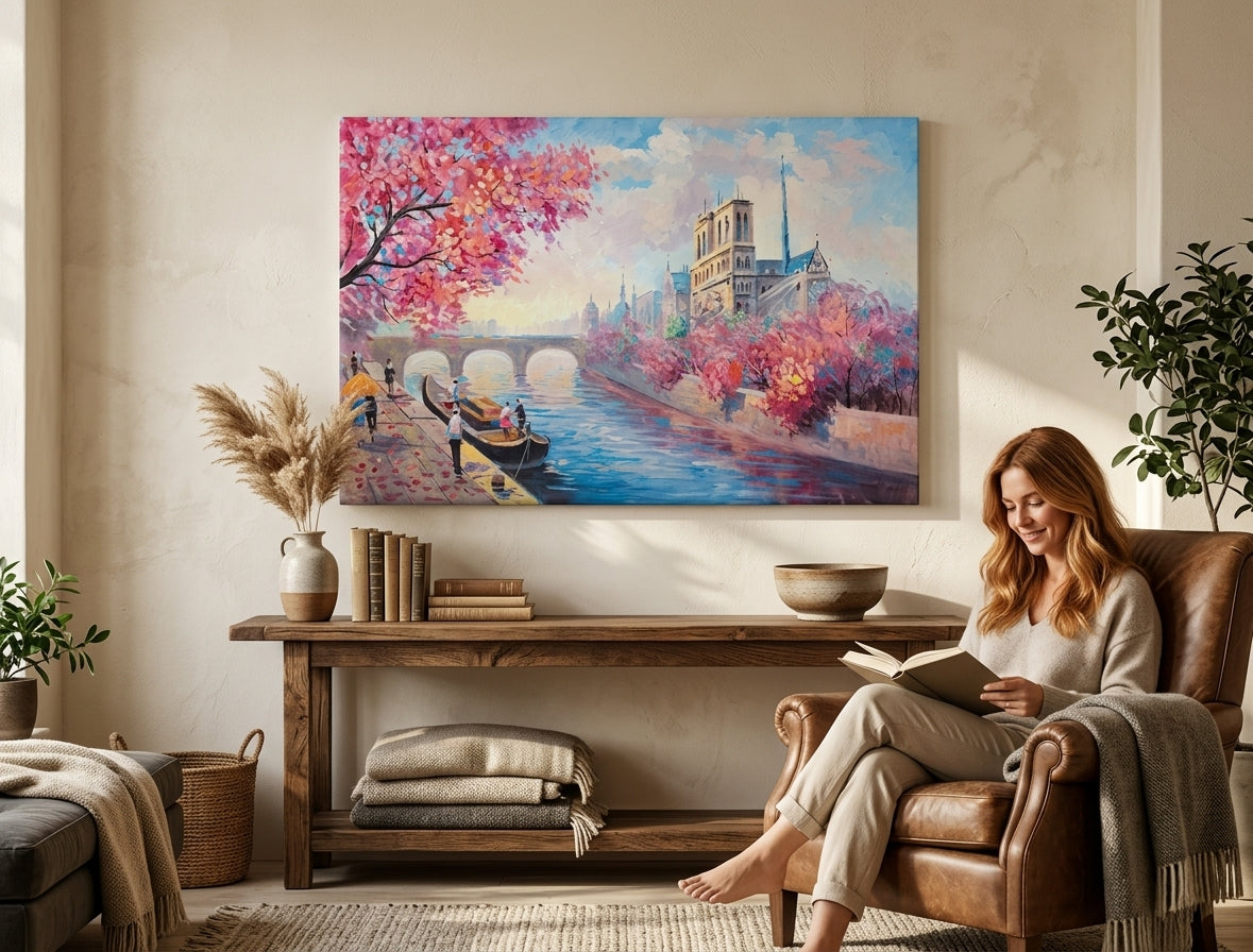 Ručno slikan slika na platnu s motivom BENÁTKY, cvet trešnje, brod, most, arhitektura u belo-plavih nijansama okačena u enterijeru dnevnog boravka – enterijer