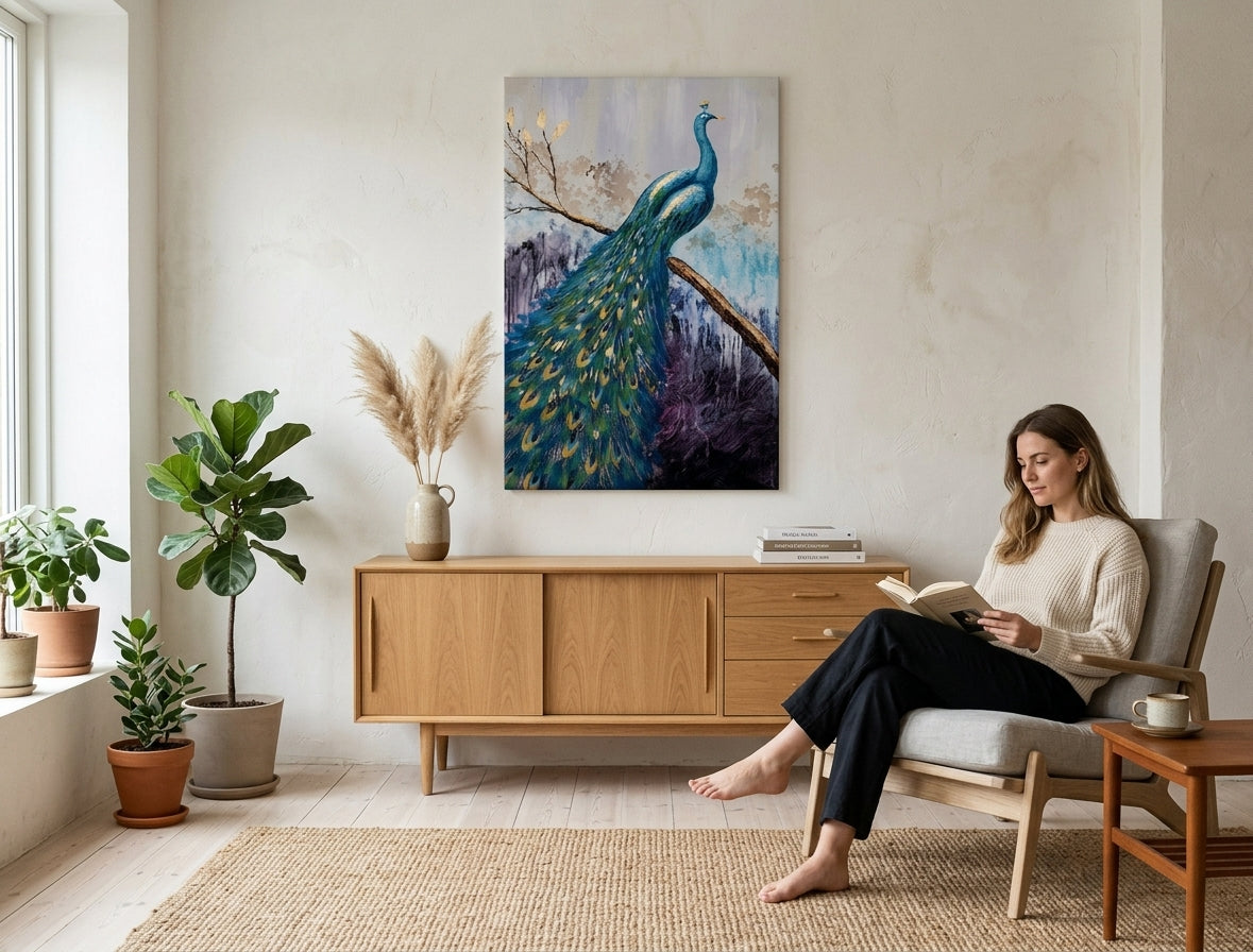 U boho stilu slika na platnu s motivom PAUN u ljubičasto-plavih nijansama okačena u enterijeru spavaće sobe, elegantna atmosfera, priroda i lepota | Slikana slika za zid PAUN – enterijer