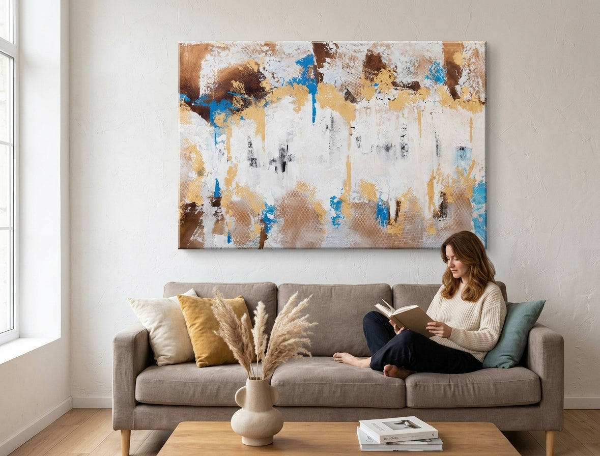 Ručno slikan slika na platnu s motivom religiozni motiv u belo-smeđih nijansama okačena u enterijeru kancelarije, sofisticirana atmosfera – enterijer