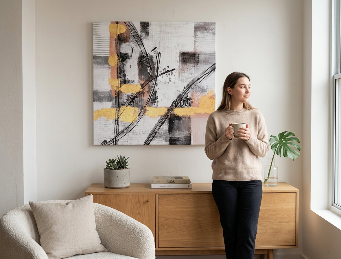 Ručno slikan slika na platnu s motivom potezi četkom u belo-sivih nijansama okačena u enterijeru hodnika, sofisticirana atmosfera, pokret i minimalizam – enterijer