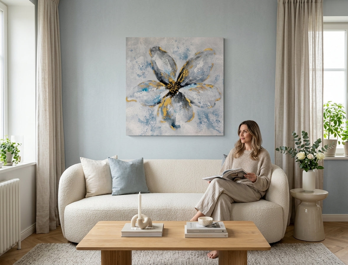 Ručno slikan slika na platnu s motivom cvet, cveće, priroda u belo-plavih nijansama okačena u enterijeru kuhinje, mirna atmosfera, priroda i rast i razvoj – enterijer