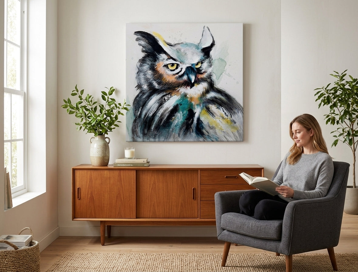 Ručno slikan slika na platnu s motivom SOVA, ptica u belo-plavih nijansama okačena u enterijeru dnevnog boravka, priroda i mudrost | Slikana slika za zid SOVA – enterijer
