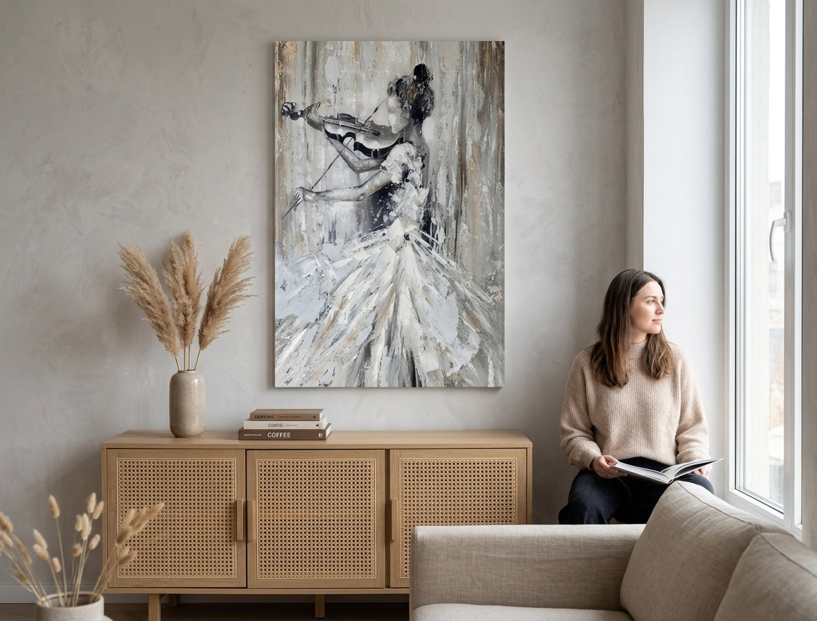 Ručno slikan slika na platnu s motivom HUSLISTKA, violina, plesačica, muzički motiv, priroda u belo-bežih nijansama okačena u enterijeru radne sobe – enterijer