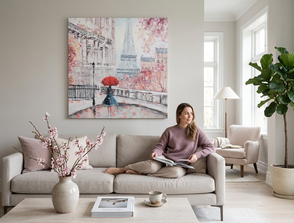 Ručno slikan slika na platnu s motivom PARIZ, Ajfelov toranj, cvet trešnje, kiša, gradski motiv u ružičasto-crvenih nijansama okačena u enterijeru spavaće sobe – enterijer