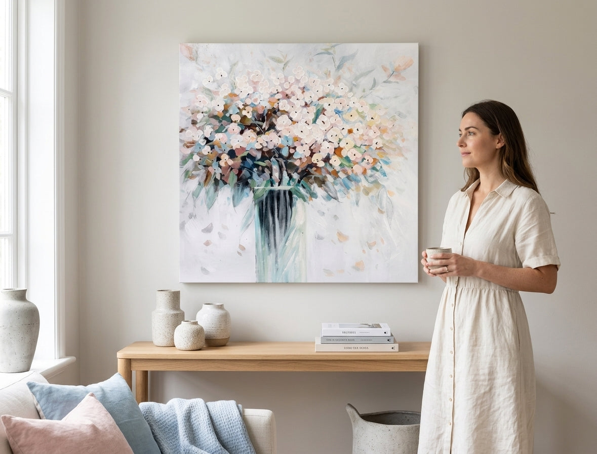 Ručno slikan slika na platnu s motivom CVEĆE VO VAZE, cveće, vaza, priroda u belo-bežih nijansama okačena u enterijeru kuhinje, priroda i prolećna atmosfera – enterijer