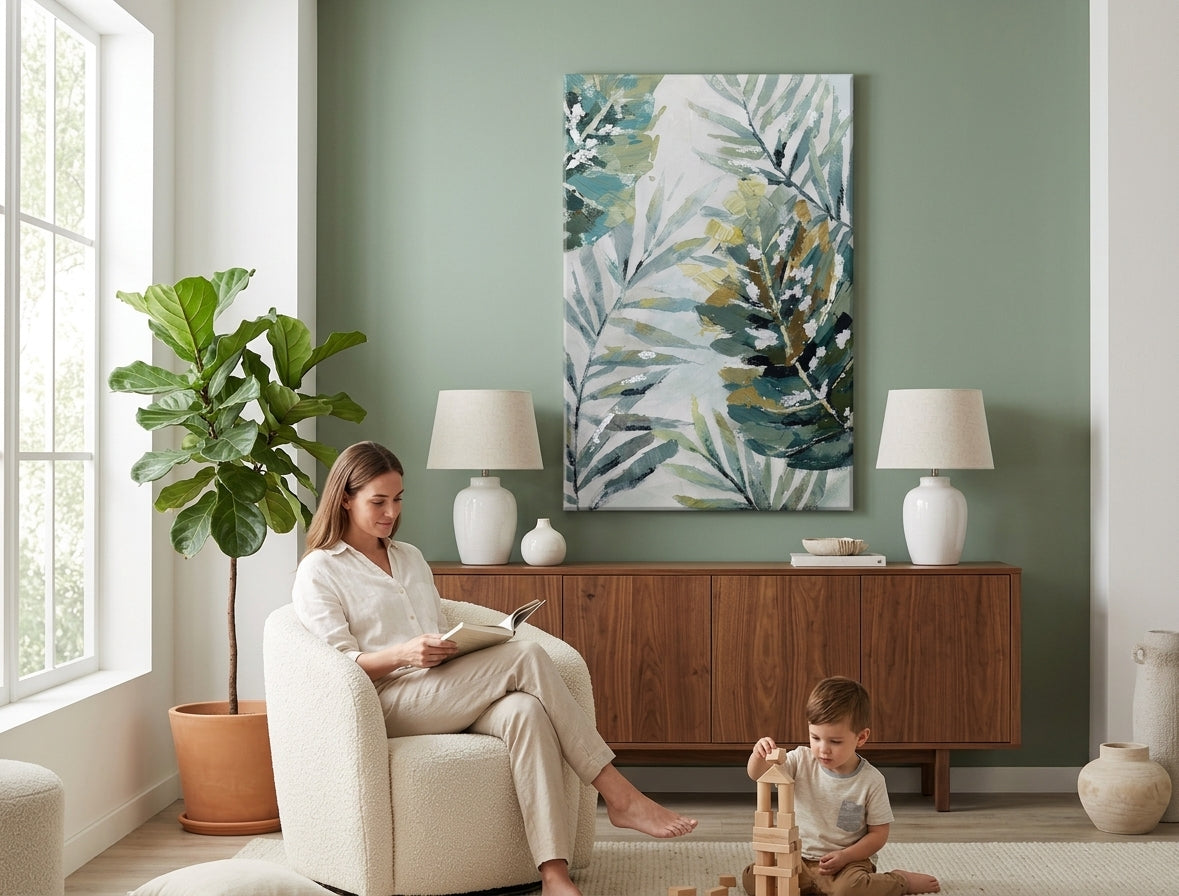 Ručno slikan slika na platnu s motivom LIŠĆE, priroda u belo-sivih nijansama okačena u enterijeru hodnika, mirna atmosfera, priroda i rast i razvoj – enterijer