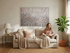 Ručno slikan slika na platnu s motivom polje, cveće, priroda u belo-ružičastih nijansama okačena u enterijeru hodnika, mirna atmosfera, priroda i prolećna atmosfera – enterijer