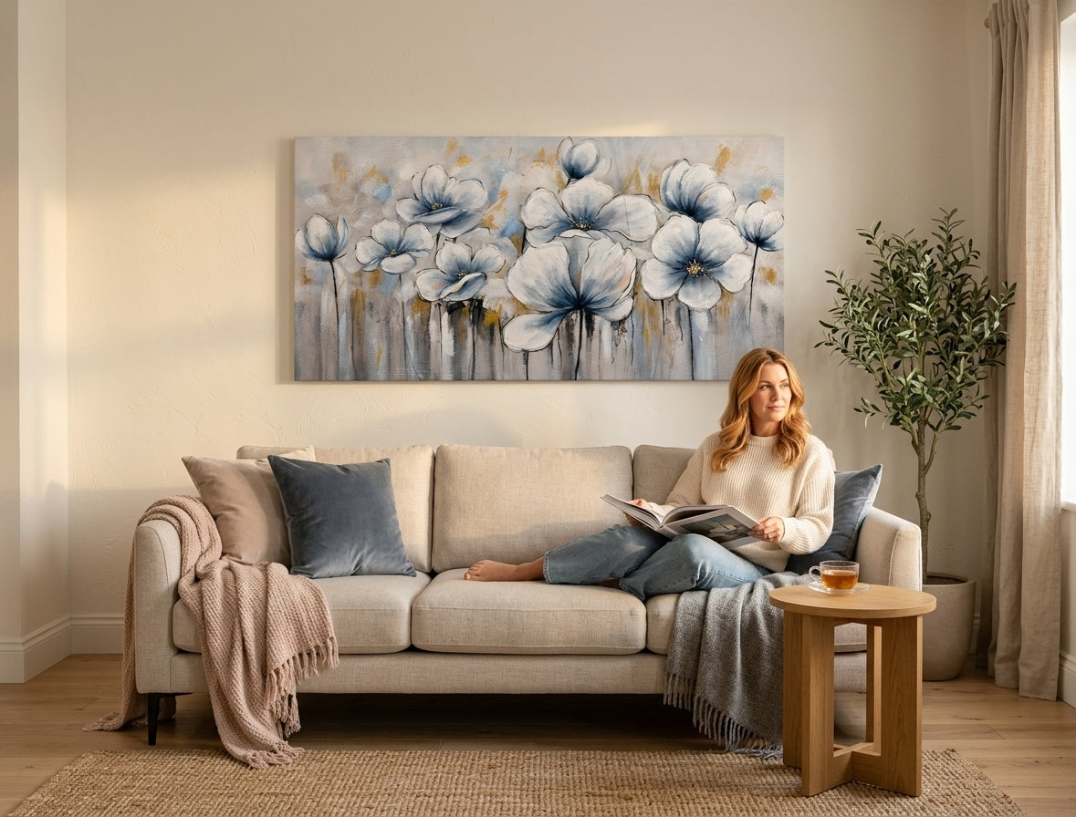 Ručno slikan slika na platnu s motivom cveće, makovi, priroda u belo-plavih nijansama okačena u enterijeru spavaće sobe, mirna atmosfera, priroda i prolećna atmosfera – enterijer