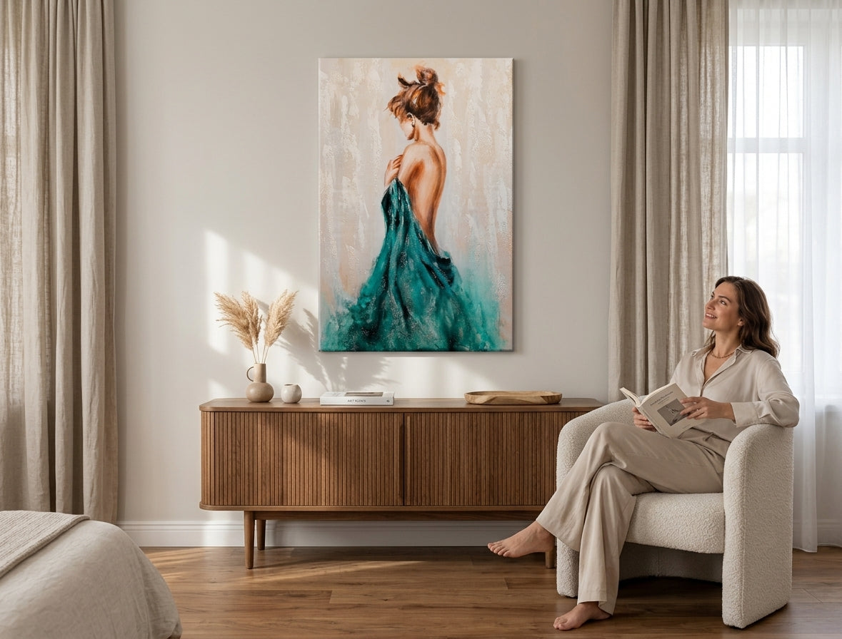 Ručno slikan slika na platnu s motivom ŽENA u bež-smeđih nijansama okačena u enterijeru spavaće sobe, elegantna atmosfera, elegancija i lepota – enterijer