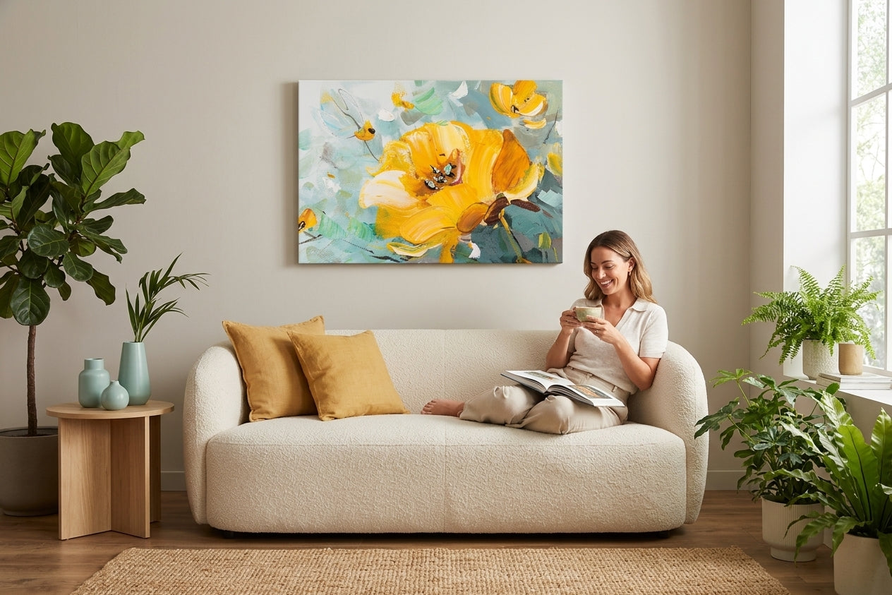 Impresionistički slika na platnu s motivom Cveće u vazi — žuta buket 70×70 cm, ljiljan, šareno cveće, cveće, cveće u vazi okačena u enterijeru kuhinje – enterijer