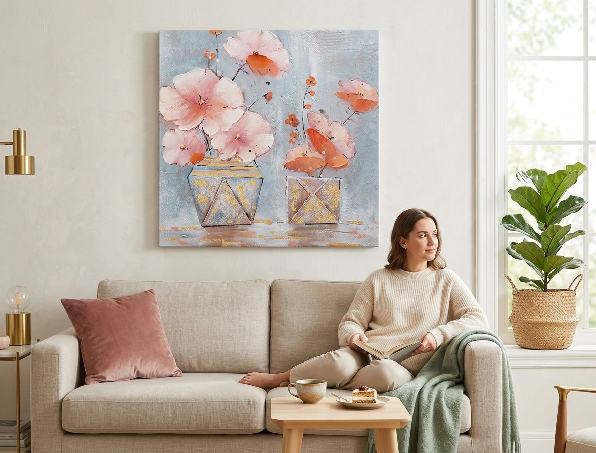 Ručno slikan slika na platnu s motivom CVEĆE VO VAZE, cveće, makovi, priroda u ružičasto-sivih nijansama okačena u enterijeru dnevnog boravka, prolećna atmosfera i priroda – enterijer