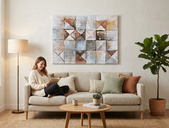 U skandinavskom stilu slika na platnu s motivom mapa, priroda u belo-bežih nijansama okačena u enterijeru dnevnog boravka, mirna atmosfera, minimalizam – enterijer