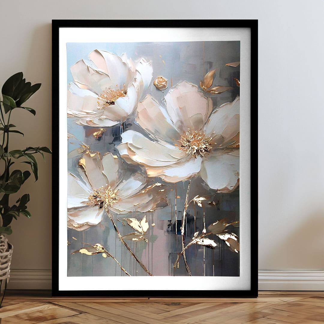 Moderan slika na platnu s motivom cvet, lišće u krem-zlatnih nijansama, elegantna atmosfera, priroda i luksuzan utisak | Poster za zid s EXTRA efektom - Golden Petals – proizvod