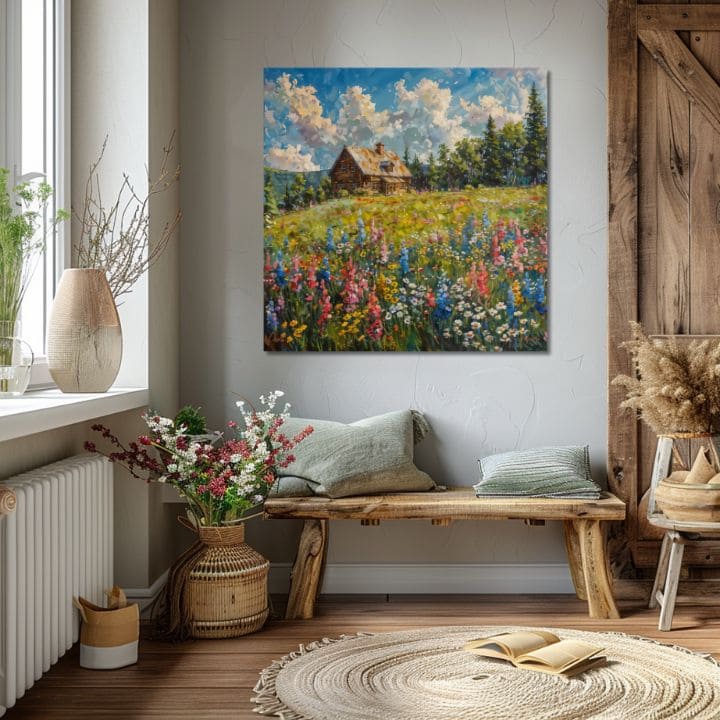 Moderan slika na platnu s motivom Leto u babky, šuma, planine, nebo, dečji motiv u belo-plavih nijansama, mirna atmosfera, priroda i samoća – proizvod