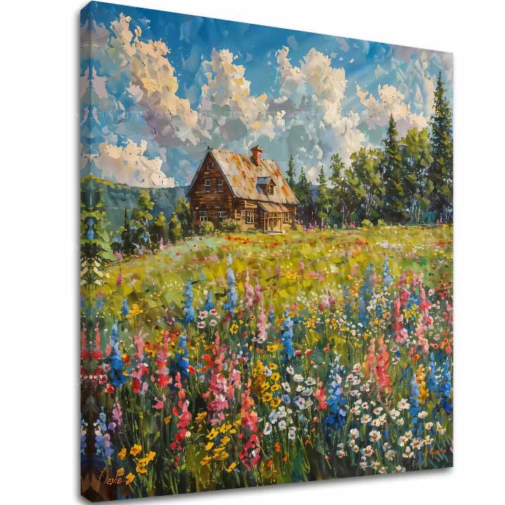 Moderan slika na platnu s motivom Leto u babky, šuma, planine, nebo, dečji motiv u belo-plavih nijansama, mirna atmosfera, priroda i samoća – glavna