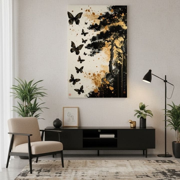 Slika na platnu Harmonija leptira - crno-zlatni dizajn