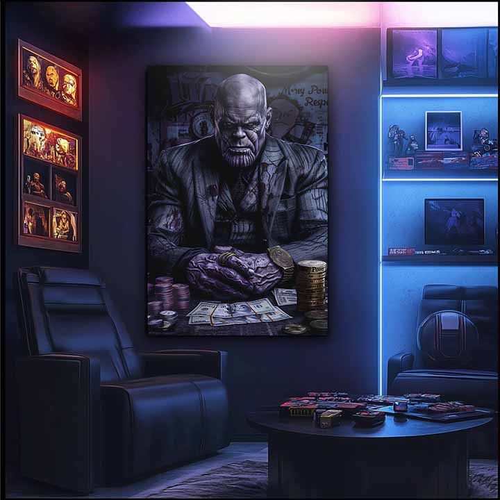 Moderan slika na platnu s motivom Thanos: Vládca nekonečna u ljubičasto-zlatnih nijansama, snaga i moć | Slika Thanos: Vládca nekonečna – proizvod