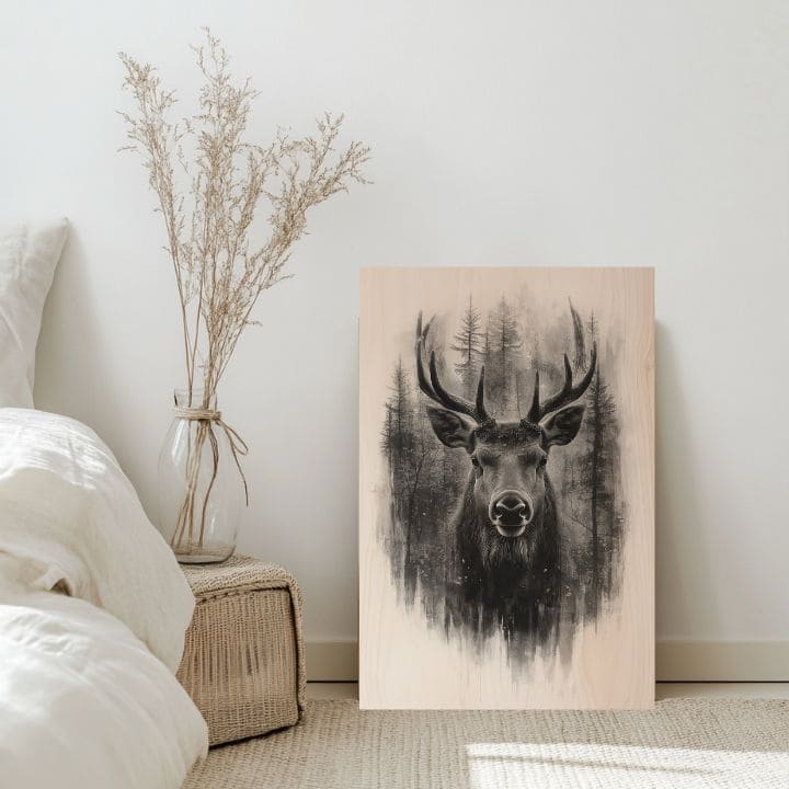 Slika na drvetu - Jelen u tihoj maglini