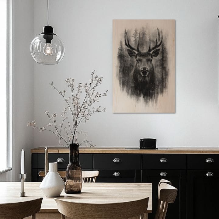 Slika na drvetu - Jelen u tihoj maglini