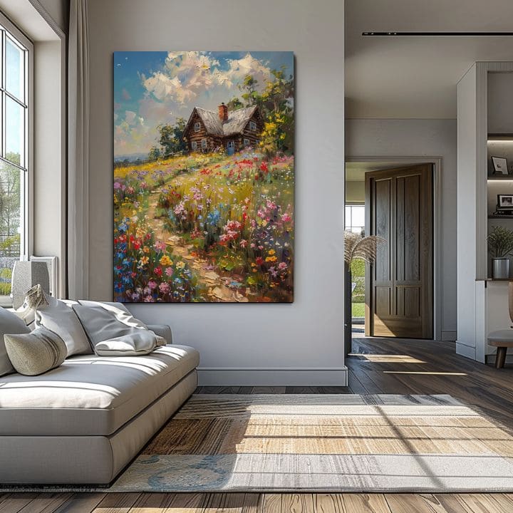 Slika na platnu Vikendica u polju cveća | Akrilni detalji