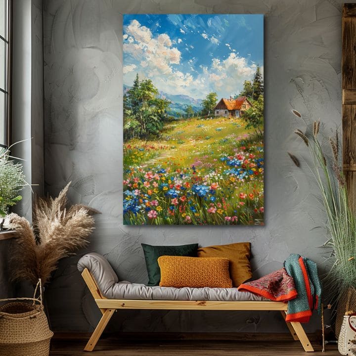 Pejzažna slika na platnu Vikendica u planini | Akrilni detalji