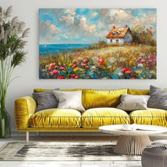 Geometrijski slika na platnu s motivom Vidiecky dom v kvetoch, okean, nebo, ptice, pejzaž u belo-plavih nijansama, mirna atmosfera, pogodan za hodnika – proizvod, pogled 2