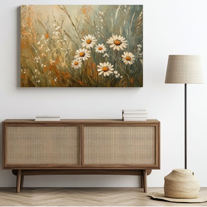 Moderan slika na platnu s motivom biely tanec cveća, livada u bež-belih nijansama, mirna atmosfera, priroda i rast i razvoj | Slika biely tanec cveća – proizvod, pogled 2