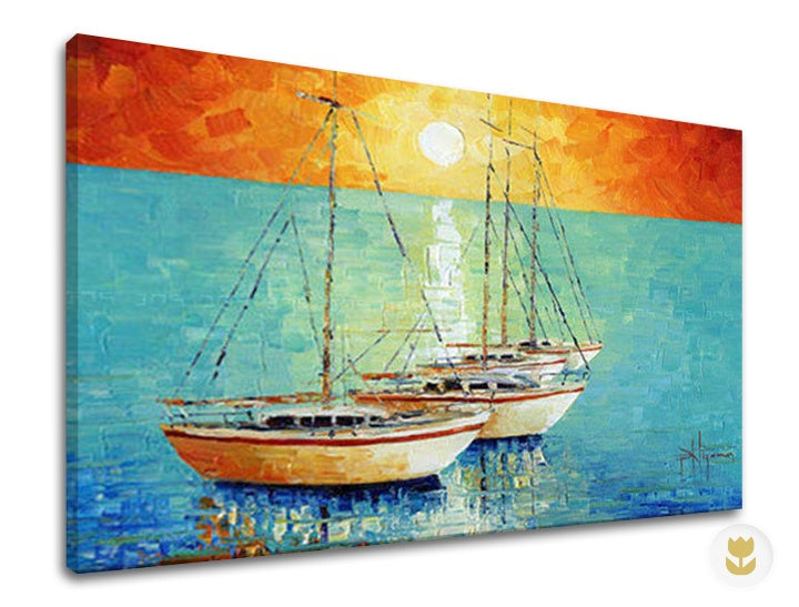 U boho stilu slika s motivom BRODOVI, sunce, more i plaža u plavo-tirkiznih nijansama | Autorska reprodukcija na platnu BRODOVI – pregled
