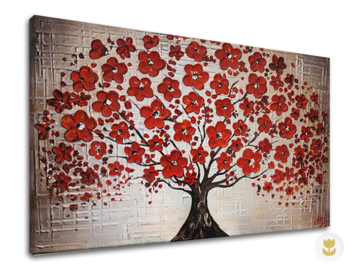 Pop art slika na platnu s motivom STROM, cveće, grane, pejzaž, priroda u bež-smeđih nijansama, živahna atmosfera, priroda i rast i razvoj, pogodan za dnevnog boravka – glavna