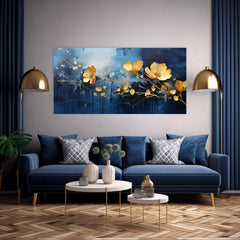 Moderan slika na platnu s motivom Modrá oáza radosti, cveće, priroda u plavo-zlatnih nijansama, elegantna atmosfera, priroda i elegancija, pogodan za dnevnog boravka – proizvod
