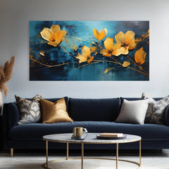 Moderan slika na platnu s motivom Jemnosť modrého sveta, cveće, priroda u plavo-zlatnih nijansama, elegantna atmosfera, priroda i elegancija, pogodan za kancelarije – proizvod
