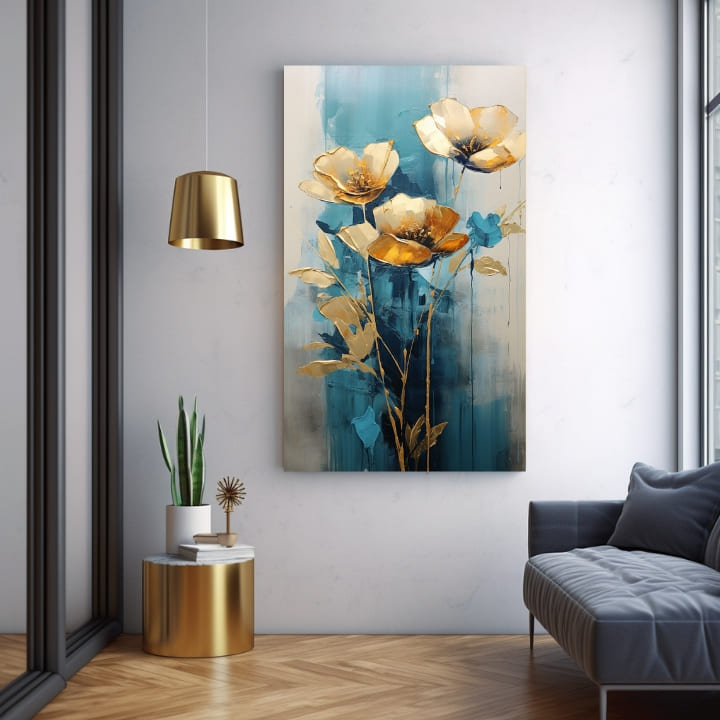 Art deko slika na platnu s motivom Zlatá nádhera na modrom platnu, cveće, makovi, lišće, priroda u bež-plavih nijansama, mirna atmosfera – proizvod