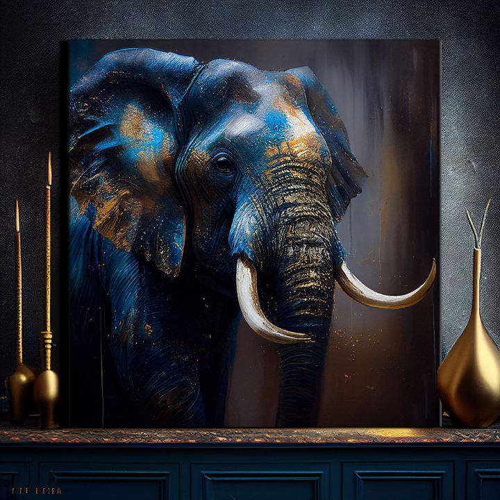 Art deko slika na platnu s motivom slon, africký motiv, priroda, životinja u plavo-zlatnih nijansama, veličanstvena atmosfera, priroda i snaga, štvorcové izvedba – proizvod