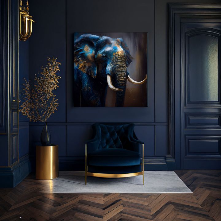Art deko slika na platnu s motivom slon, africký motiv, priroda, životinja u plavo-zlatnih nijansama, veličanstvena atmosfera, priroda i snaga, štvorcové izvedba – proizvod, pogled 2