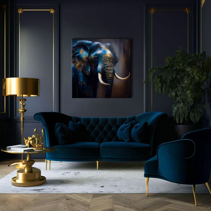 Art deko slika na platnu s motivom slon, africký motiv, priroda, životinja u plavo-zlatnih nijansama, veličanstvena atmosfera, priroda i snaga, štvorcové izvedba – proizvod, pogled 3