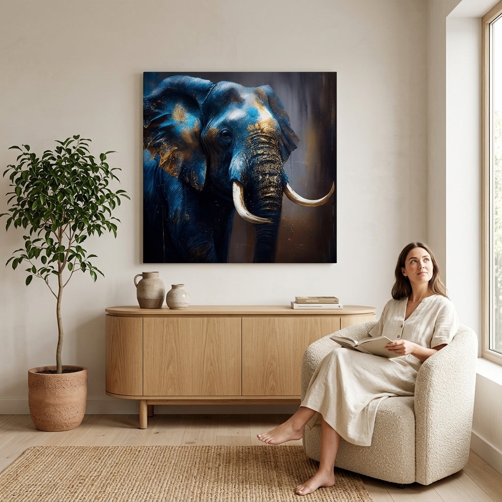 Art deko slika na platnu s motivom slon, africký motiv, priroda, životinja u plavo-zlatnih nijansama okačena u enterijeru dnevnog boravka, veličanstvena atmosfera – enterijer