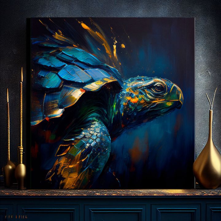 Pop art slika na platnu s motivom PREMIUM ART - Green Turtle Odyssey, okean, pejzaž, priroda u plavo-zlatnih nijansama, mirna atmosfera, pogodan za dnevnog boravka – proizvod