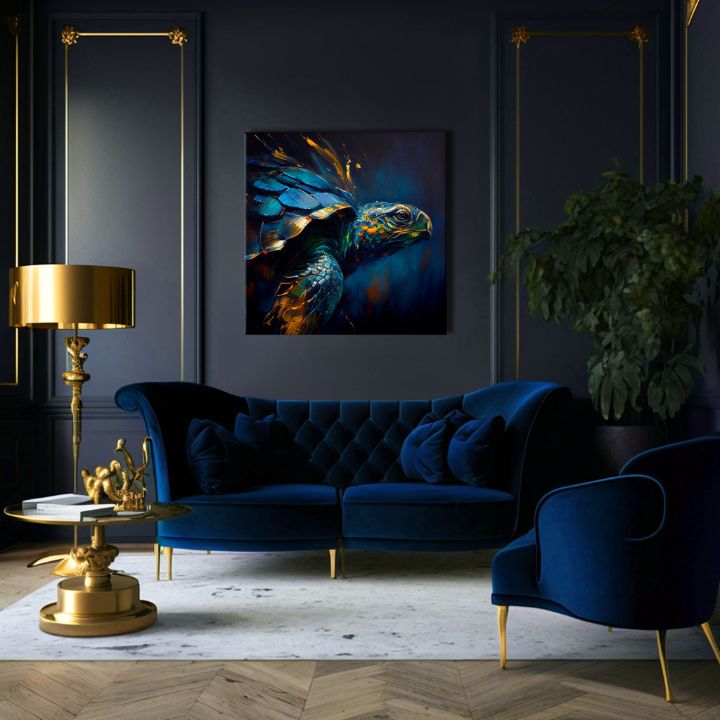 Pop art slika na platnu s motivom PREMIUM ART - Green Turtle Odyssey, okean, pejzaž, priroda u plavo-zlatnih nijansama, mirna atmosfera, pogodan za dnevnog boravka – proizvod, pogled 3