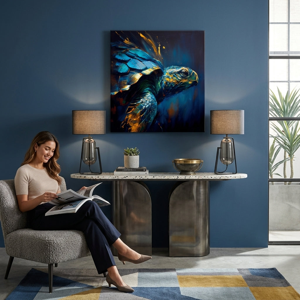 Pop art slika na platnu s motivom PREMIUM ART - Green Turtle Odyssey, okean, pejzaž, priroda u plavo-zlatnih nijansama okačena u enterijeru dnevnog boravka – enterijer