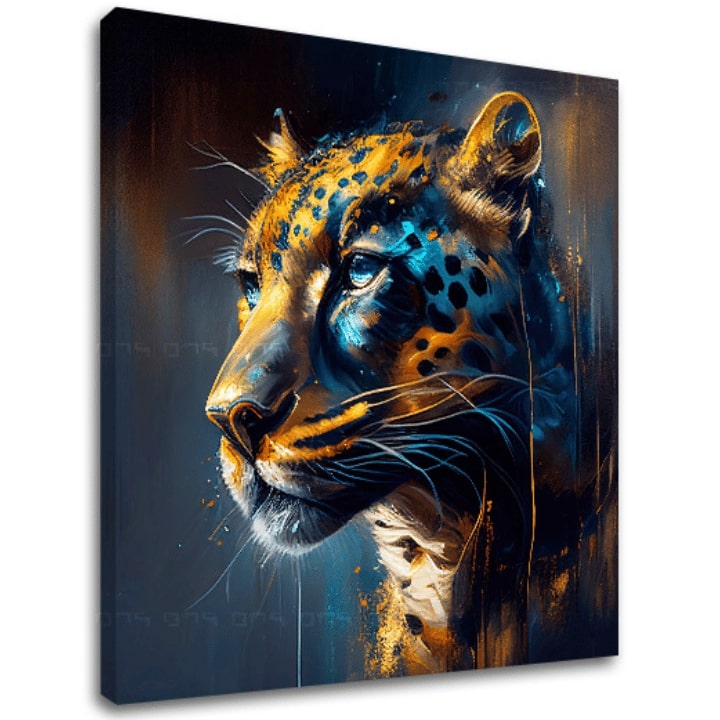 Art deko slika na platnu s motivom PREMIUM ART - Jaguar's Grace in the Wild u plavo-narandžastih nijansama, intenzivna atmosfera, pogodan za radne sobe – glavna