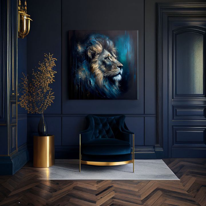 Art deko slika na platnu s motivom PREMIUM ART - Lion's Strength and Grace, lav u plavo-narandžastih nijansama, veličanstvena atmosfera, pogodan za kancelarije – proizvod, pogled 2