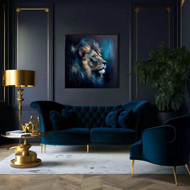 Art deko slika na platnu s motivom PREMIUM ART - Lion's Strength and Grace, lav u plavo-narandžastih nijansama, veličanstvena atmosfera, pogodan za kancelarije – proizvod, pogled 3
