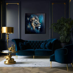 Art deko slika na platnu s motivom PREMIUM ART - Lion's Strength and Grace, lav u plavo-narandžastih nijansama, veličanstvena atmosfera, pogodan za kancelarije – proizvod, pogled 3