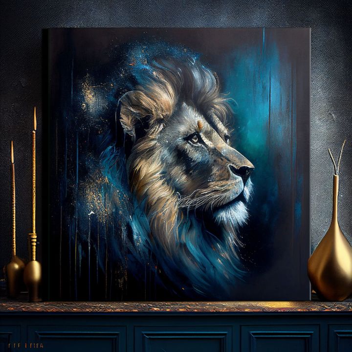 Art deko slika na platnu s motivom PREMIUM ART - Lion's Strength and Grace, lav u plavo-narandžastih nijansama, veličanstvena atmosfera, pogodan za kancelarije – proizvod