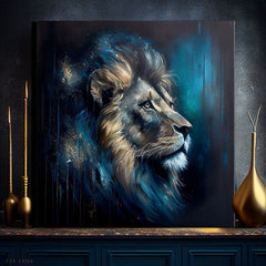 Art deko slika na platnu s motivom PREMIUM ART - Lion's Strength and Grace, lav u plavo-narandžastih nijansama, veličanstvena atmosfera, pogodan za kancelarije – proizvod