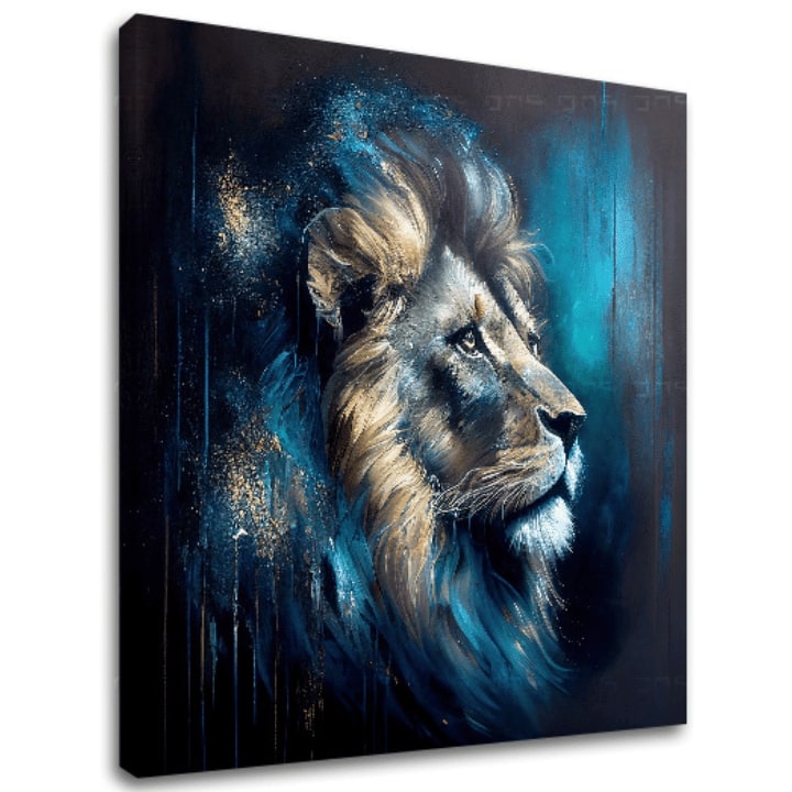 Art deko slika na platnu s motivom PREMIUM ART - Lion's Strength and Grace, lav u plavo-narandžastih nijansama, veličanstvena atmosfera, pogodan za kancelarije – glavna