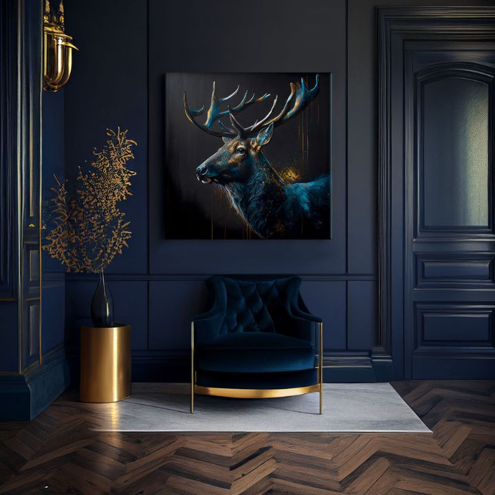 Art deko slika na platnu s motivom PREMIUM ART - Peaceful Forest Guardian, jelen u plavo-zlatnih nijansama, veličanstvena atmosfera, pogodan za radne sobe – proizvod